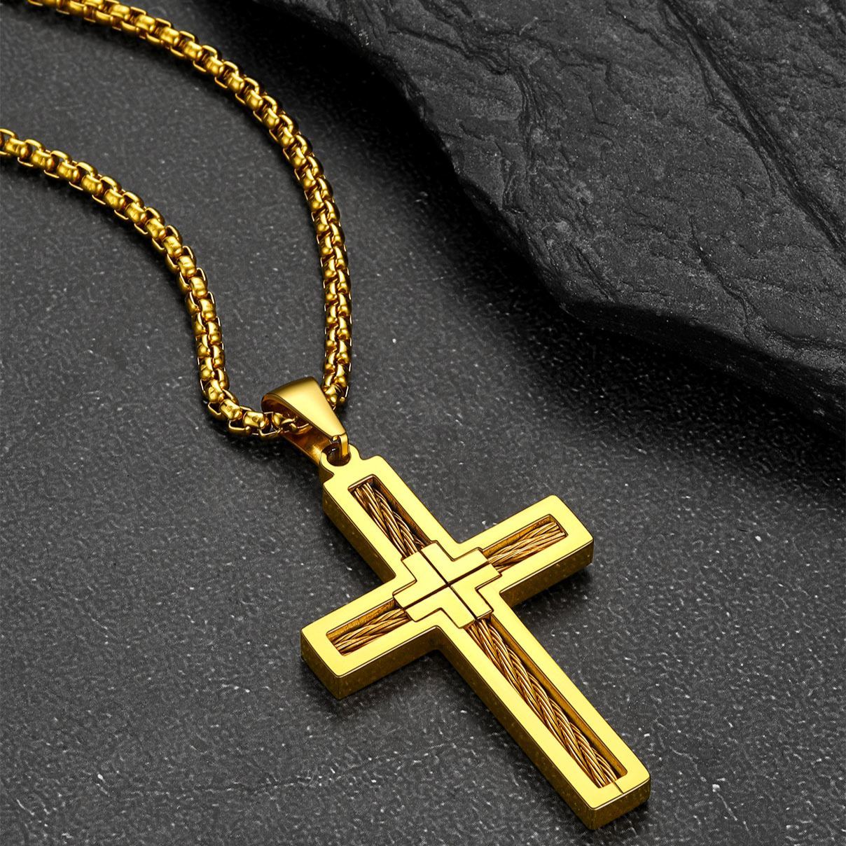 Twisted Pattern Cross Necklace Pendant Stainless Steel Gold - product detail(2)