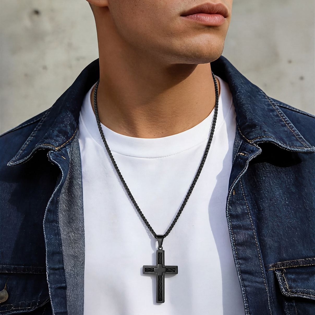 Twisted Pattern Cross Necklace Pendant Stainless Steel Black - model effect(2)