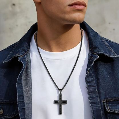 Twisted Pattern Cross Necklace Pendant Stainless Steel Black - model effect(2)