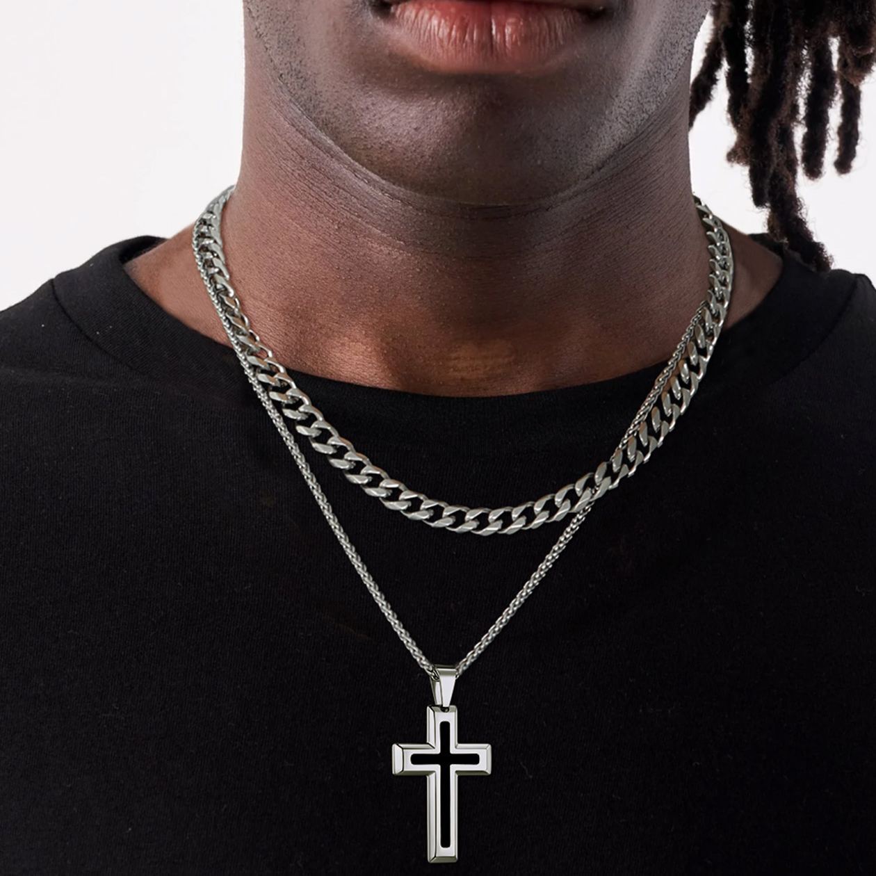 3D Enamel Cross Pendant Necklace With Rope Chain For Men Silver - model effect