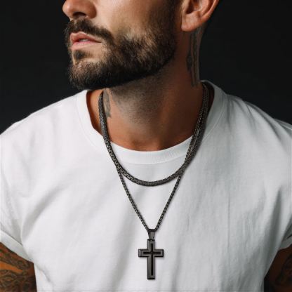 3D Enamel Cross Pendant Necklace With Rope Chain For Men Black - model effect(2)