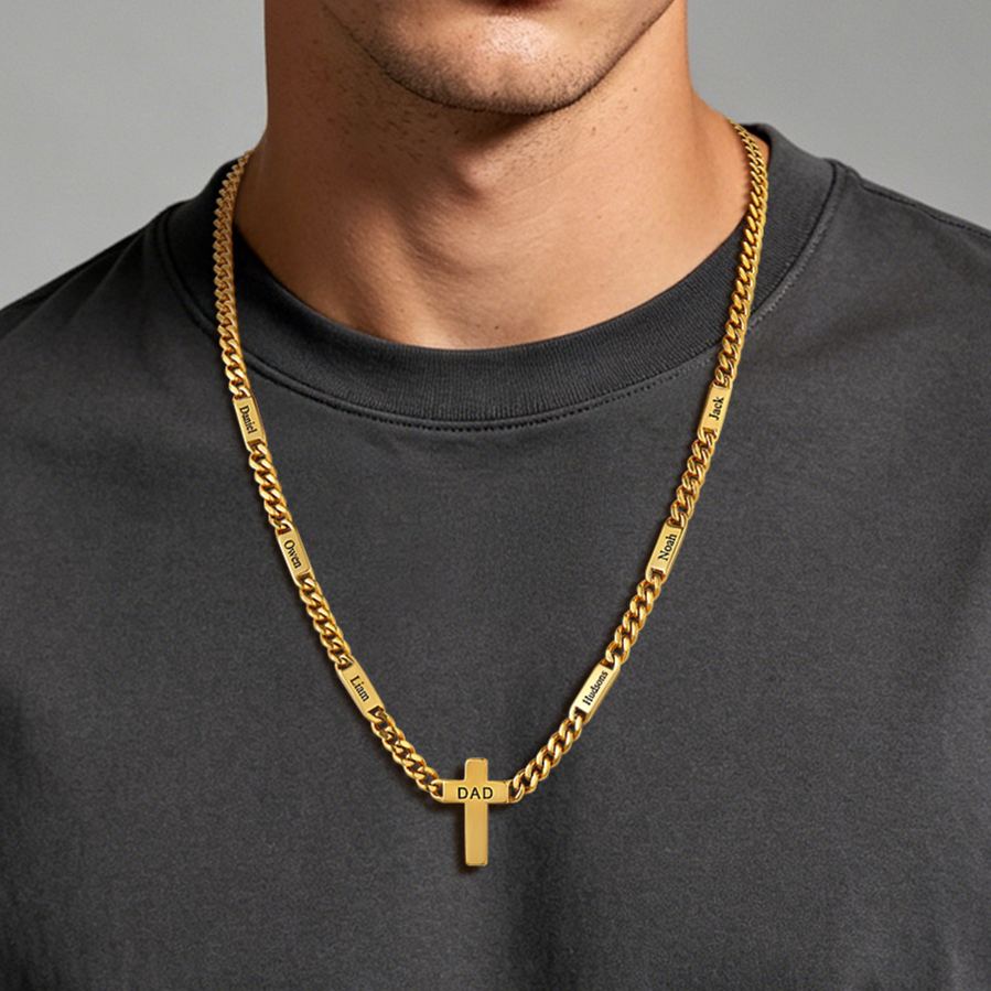 Cross Pendant Family Name Chain Necklace With Engraved Charms