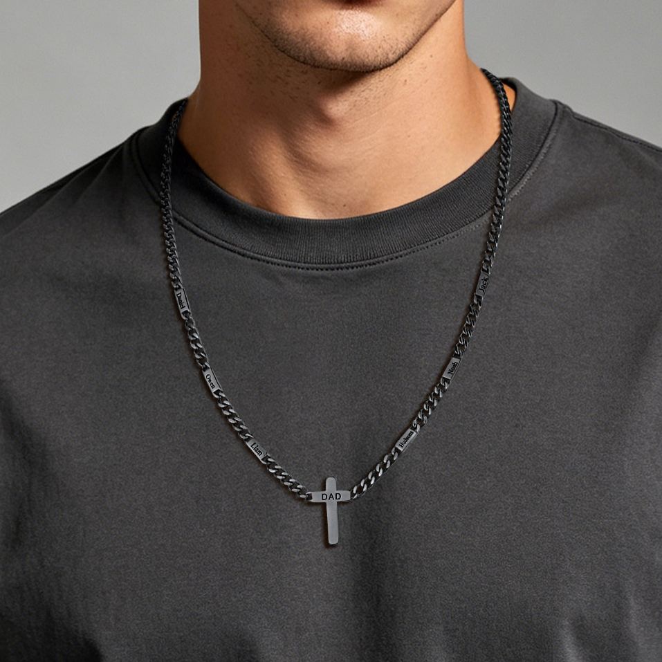 Cross Pendant Family Name Chain Necklace With Engraved Charms