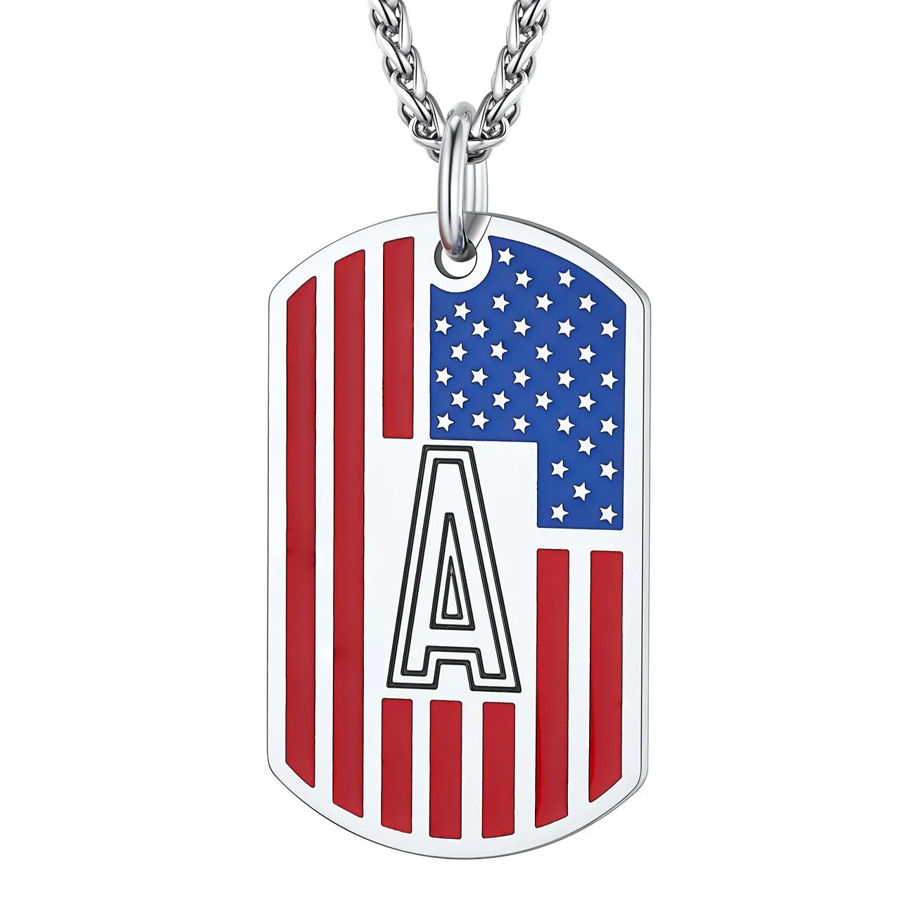 American flag dog tag necklace with initial J