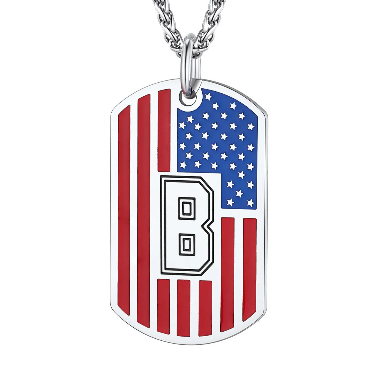 Patriotic man with American flag dog tag necklace