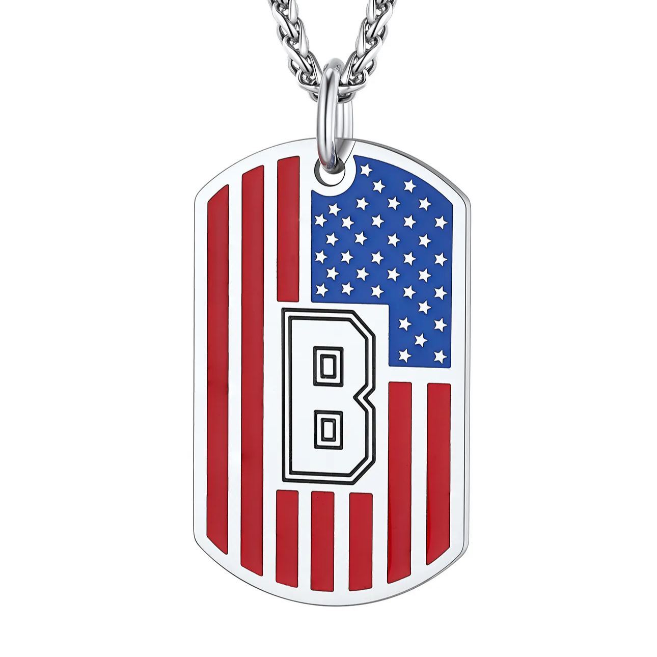 Patriotic man with American flag dog tag necklace
