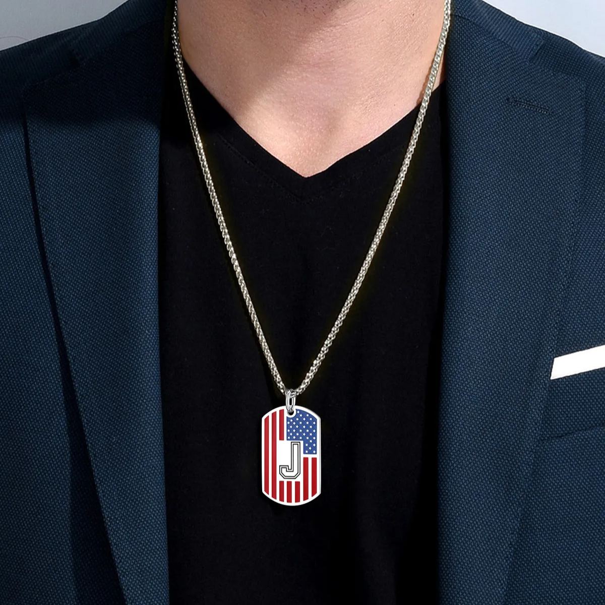 ChainsHouse American Flag Letter Initial Necklace for Men Women