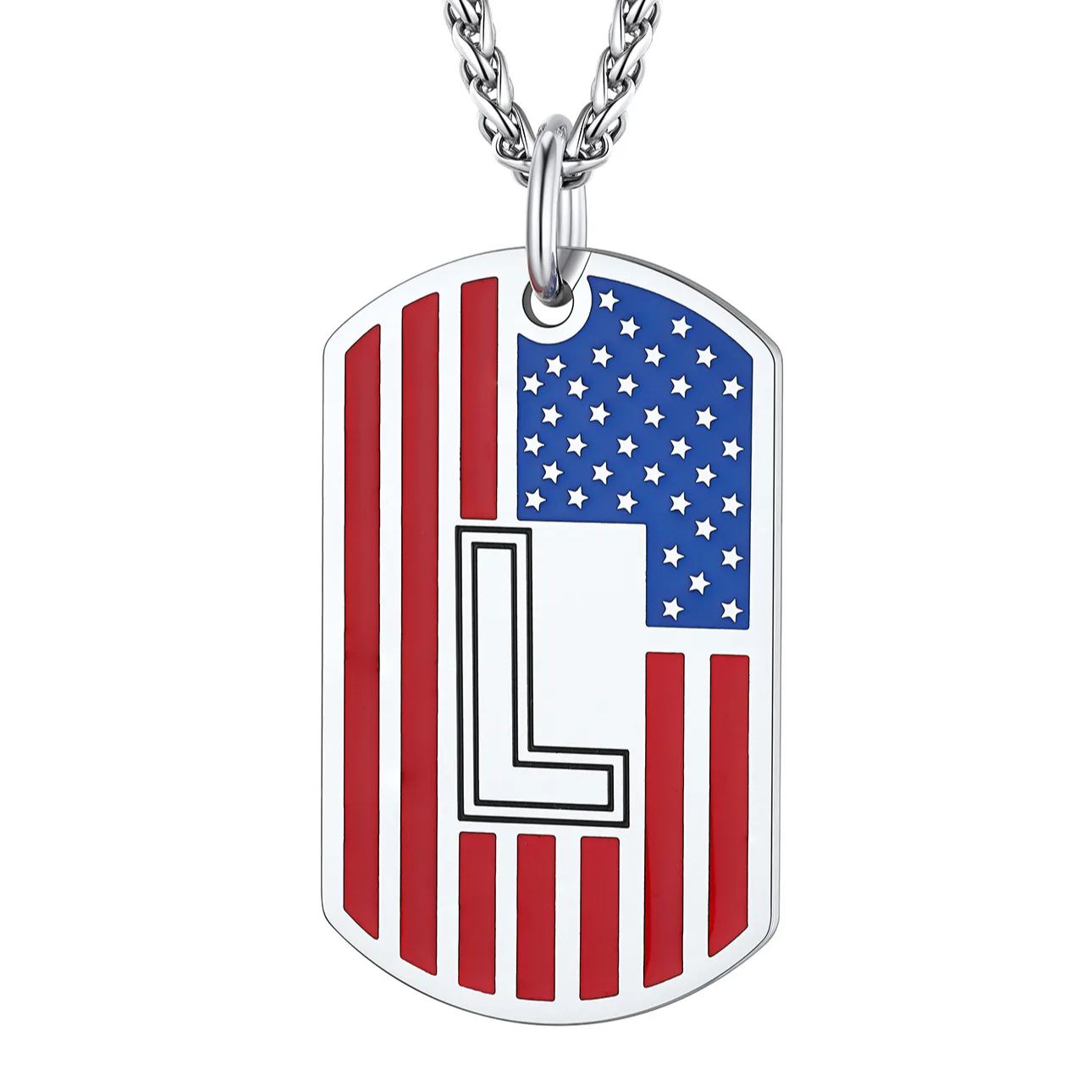American Flag Dog Tag Necklace A-Z Initial, Stainless Steel Gift for Men
