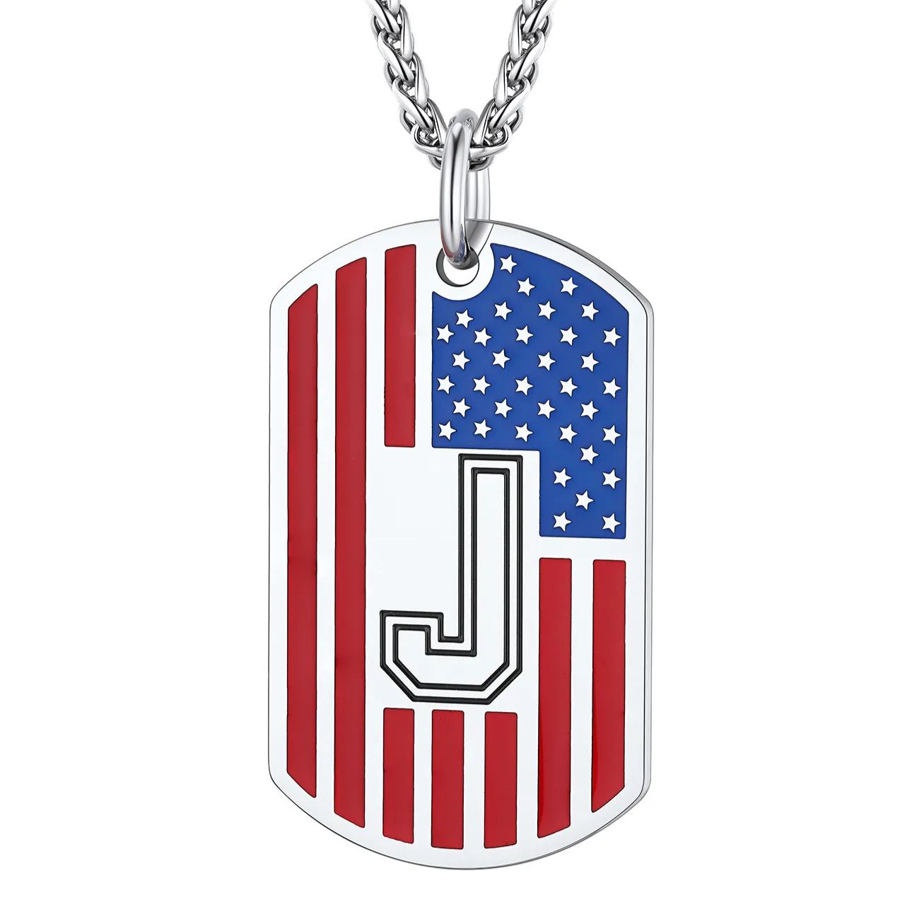 American Flag Dog Tag Necklace A-Z Initial, Stainless Steel Gift for Men