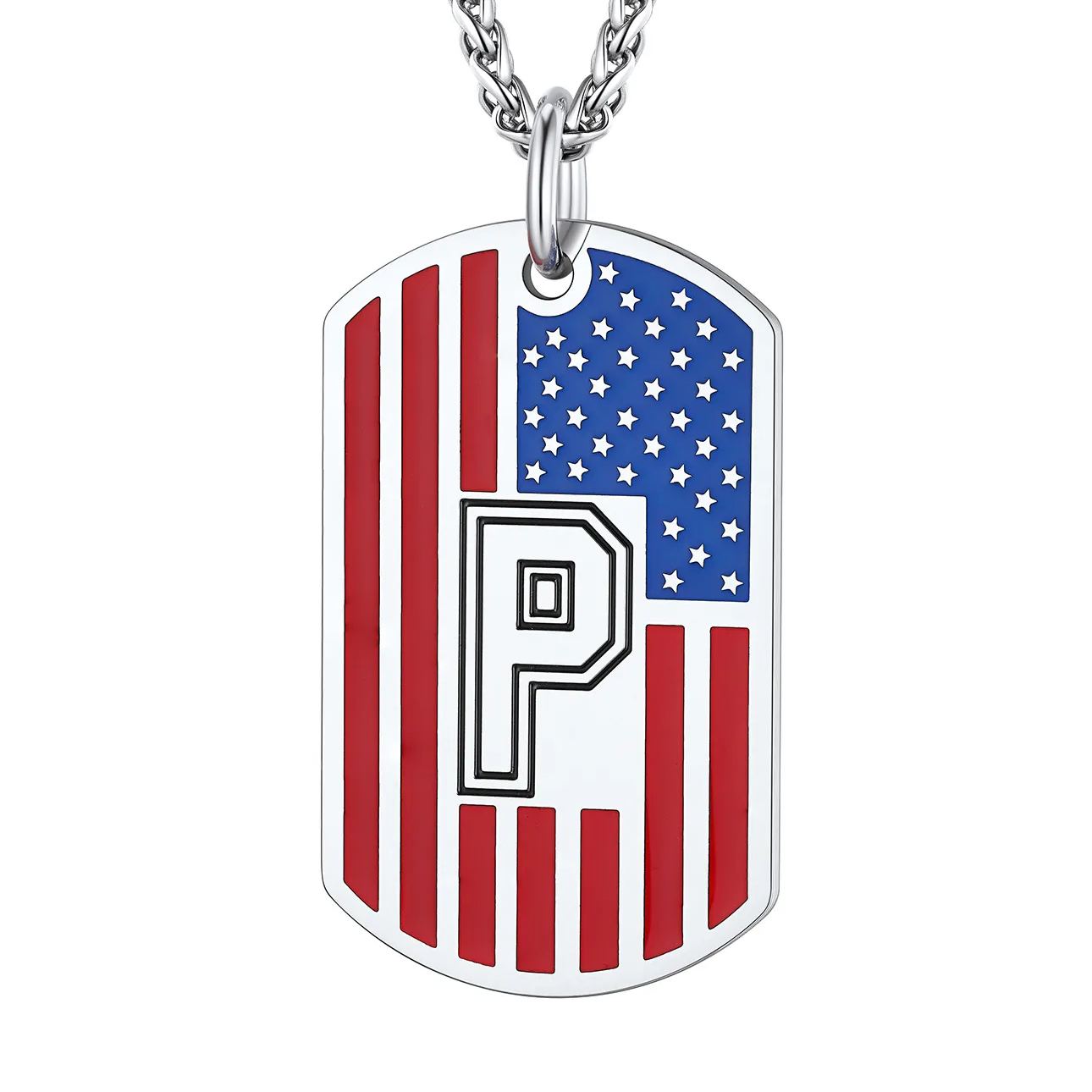 American Flag Dog Tag Necklace A-Z Initial, Stainless Steel Gift for Men