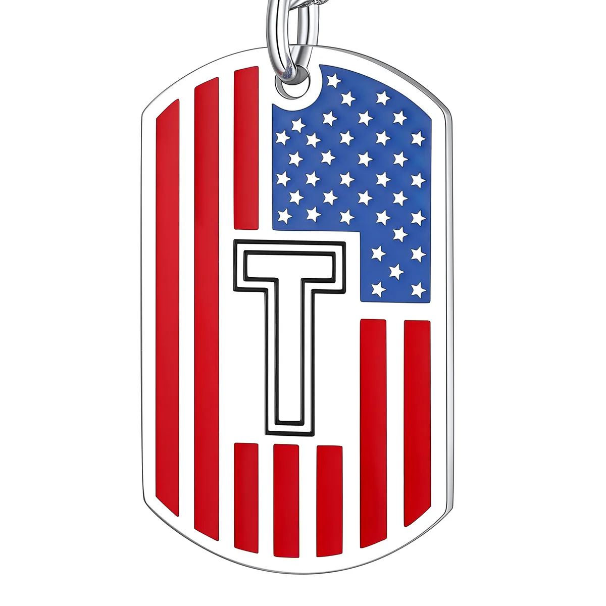 American Flag Dog Tag Necklace A-Z Initial, Stainless Steel Gift for Men