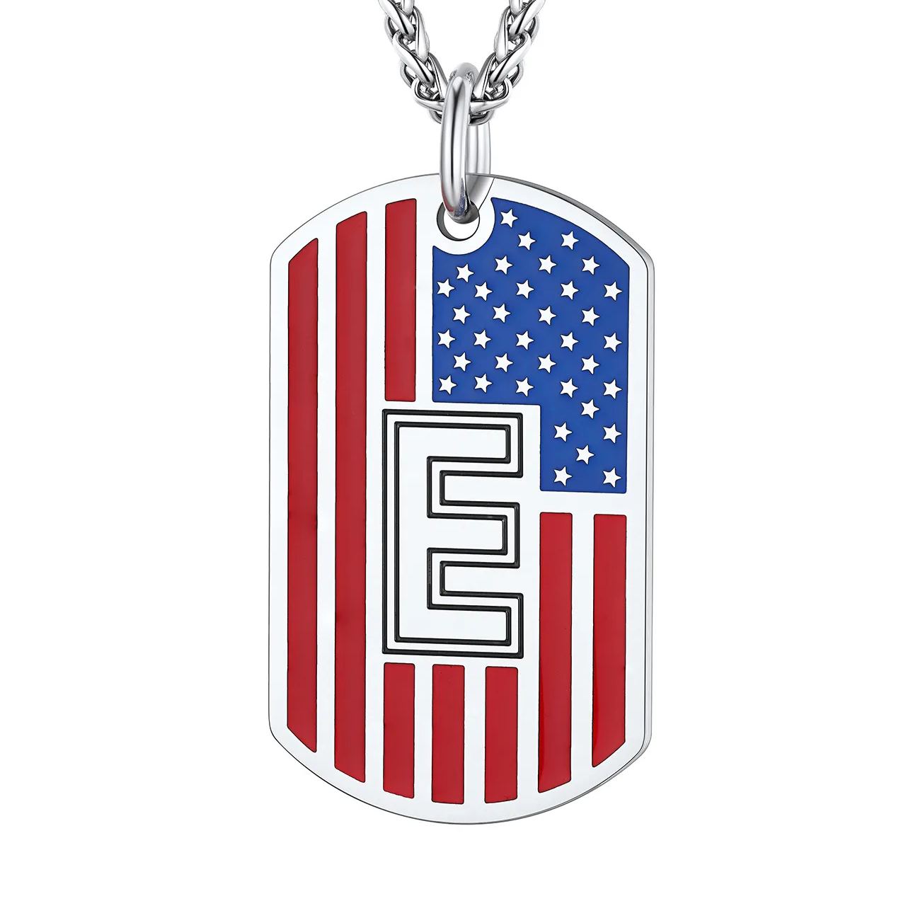 American Flag Dog Tag Necklace A-Z Initial, Stainless Steel Gift for Men