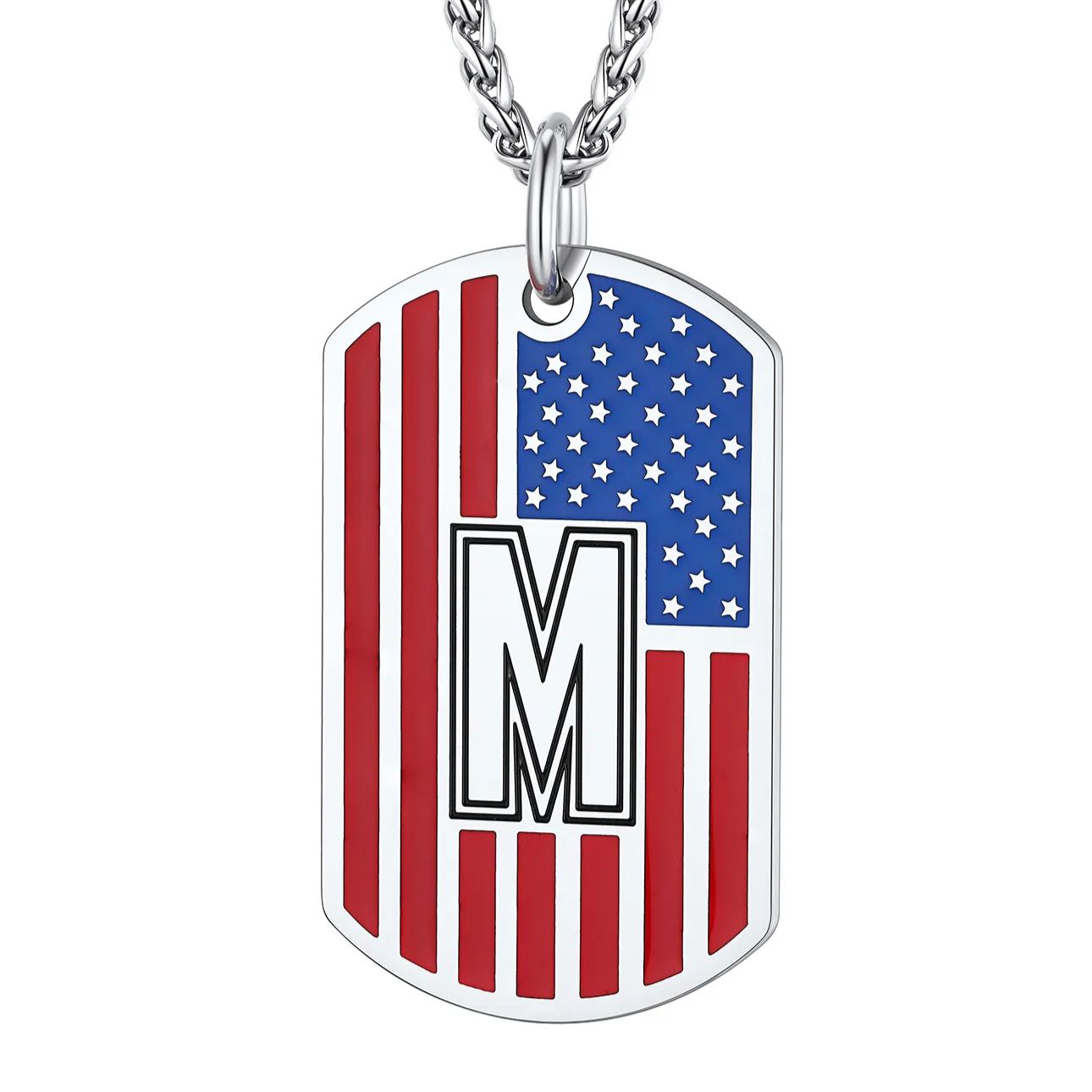 American Flag Dog Tag Necklace A-Z Initial, Stainless Steel Gift for Men
