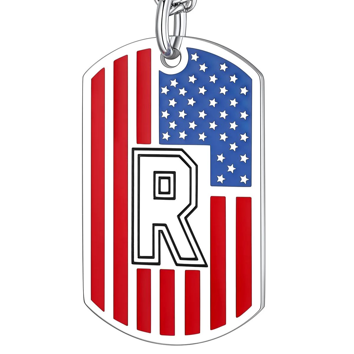American Flag Dog Tag Necklace A-Z Initial, Stainless Steel Gift for Men