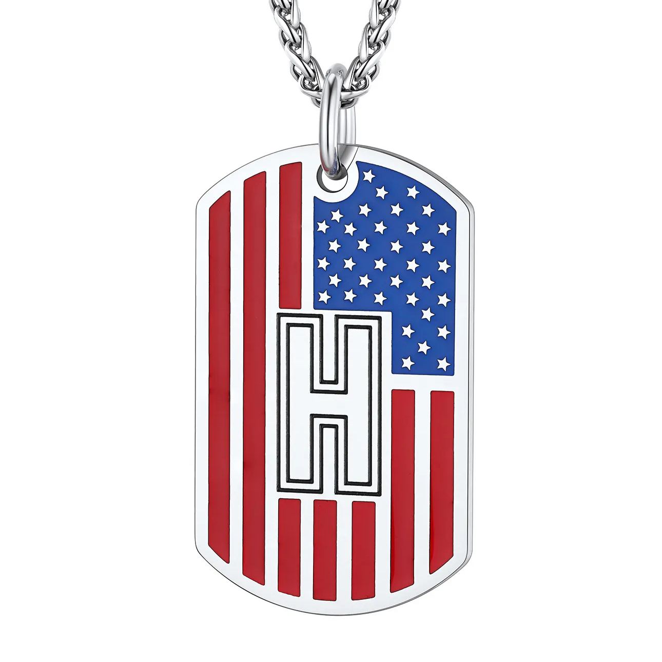 American Flag Dog Tag Necklace A-Z Initial, Stainless Steel Gift for Men
