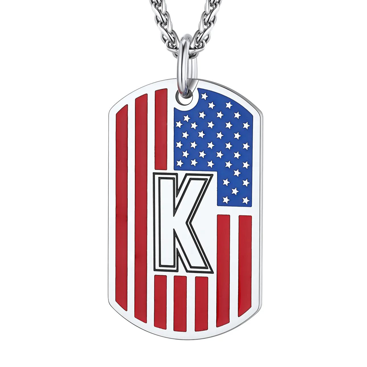 American Flag Dog Tag Necklace A-Z Initial, Stainless Steel Gift for Men