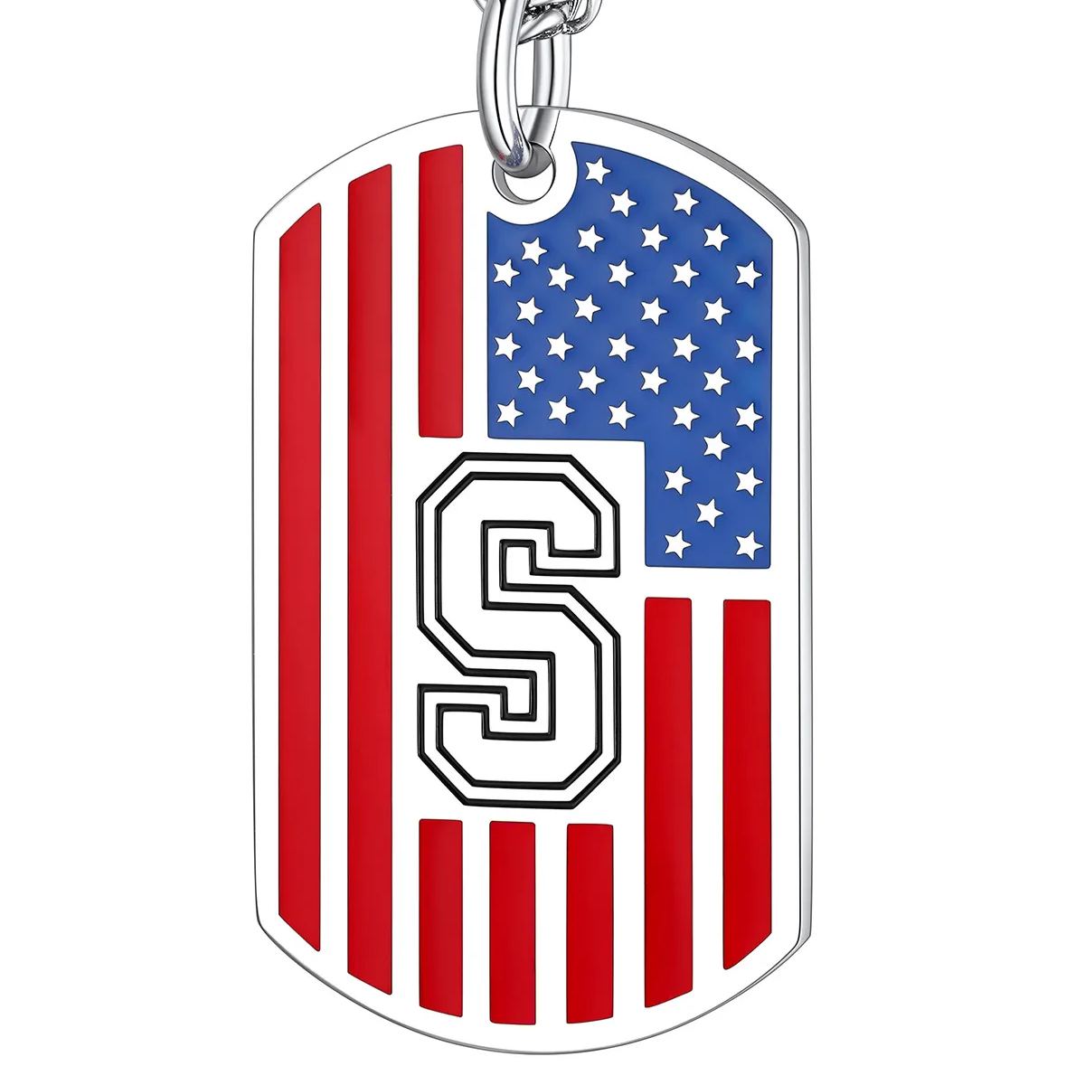 American Flag Dog Tag Necklace A-Z Initial, Stainless Steel Gift for Men