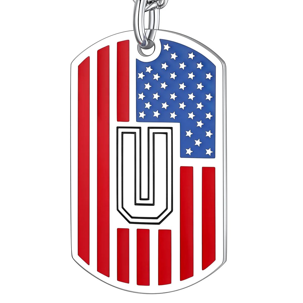 American Flag Dog Tag Necklace A-Z Initial, Stainless Steel Gift for Men