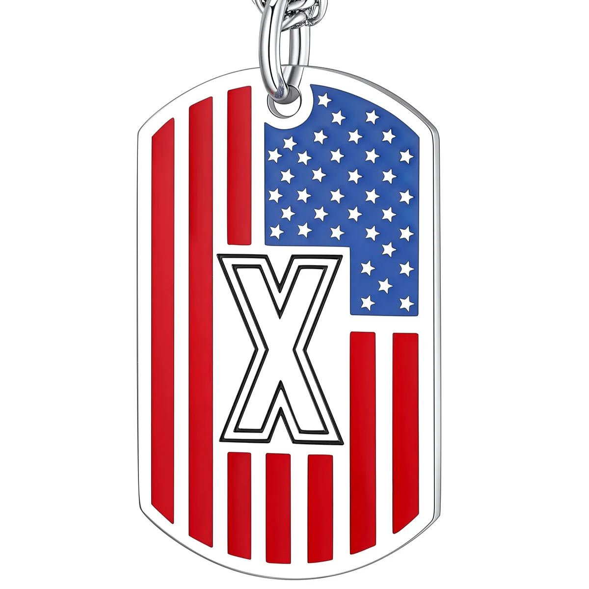 American Flag Dog Tag Necklace A-Z Initial, Stainless Steel Gift for Men