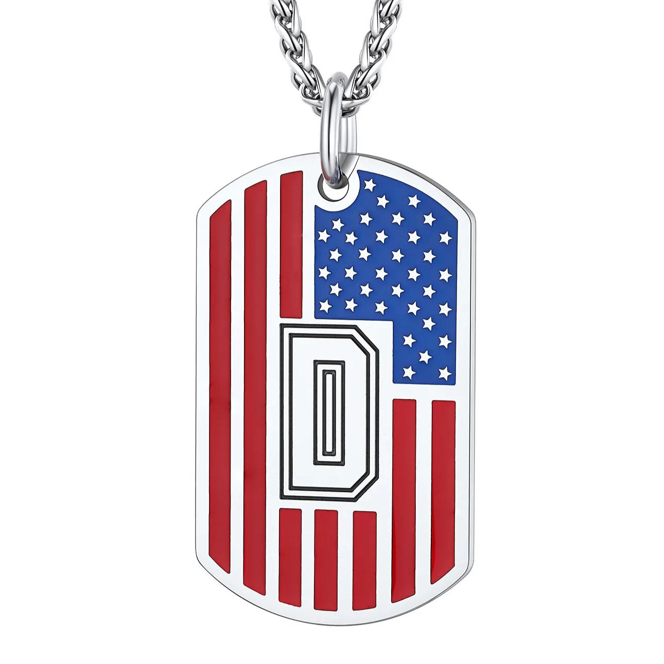 American Flag Dog Tag Necklace A-Z Initial, Stainless Steel Gift for Men