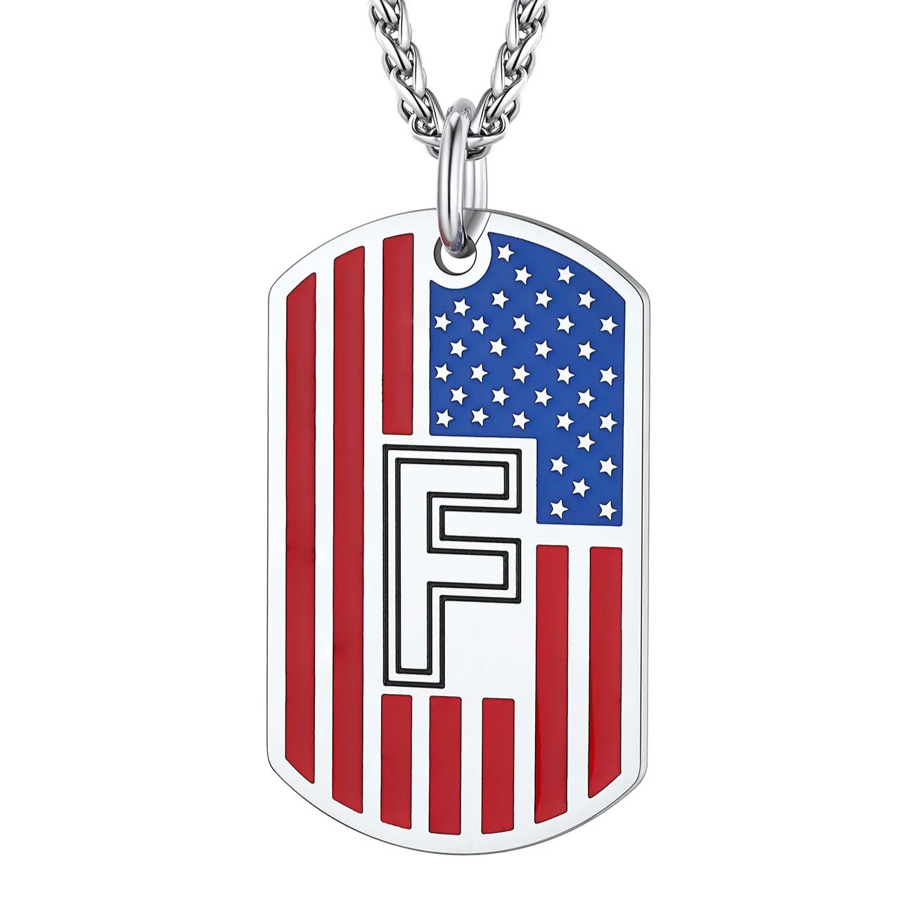 American Flag Dog Tag Necklace A-Z Initial, Stainless Steel Gift for Men