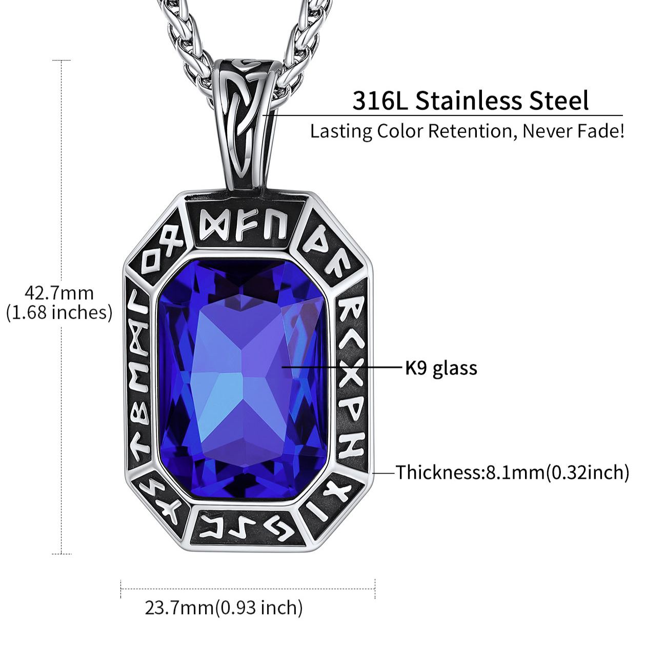 Engraved Gemstone Dog Tag Necklace with Viking Runes For Men chainshouse