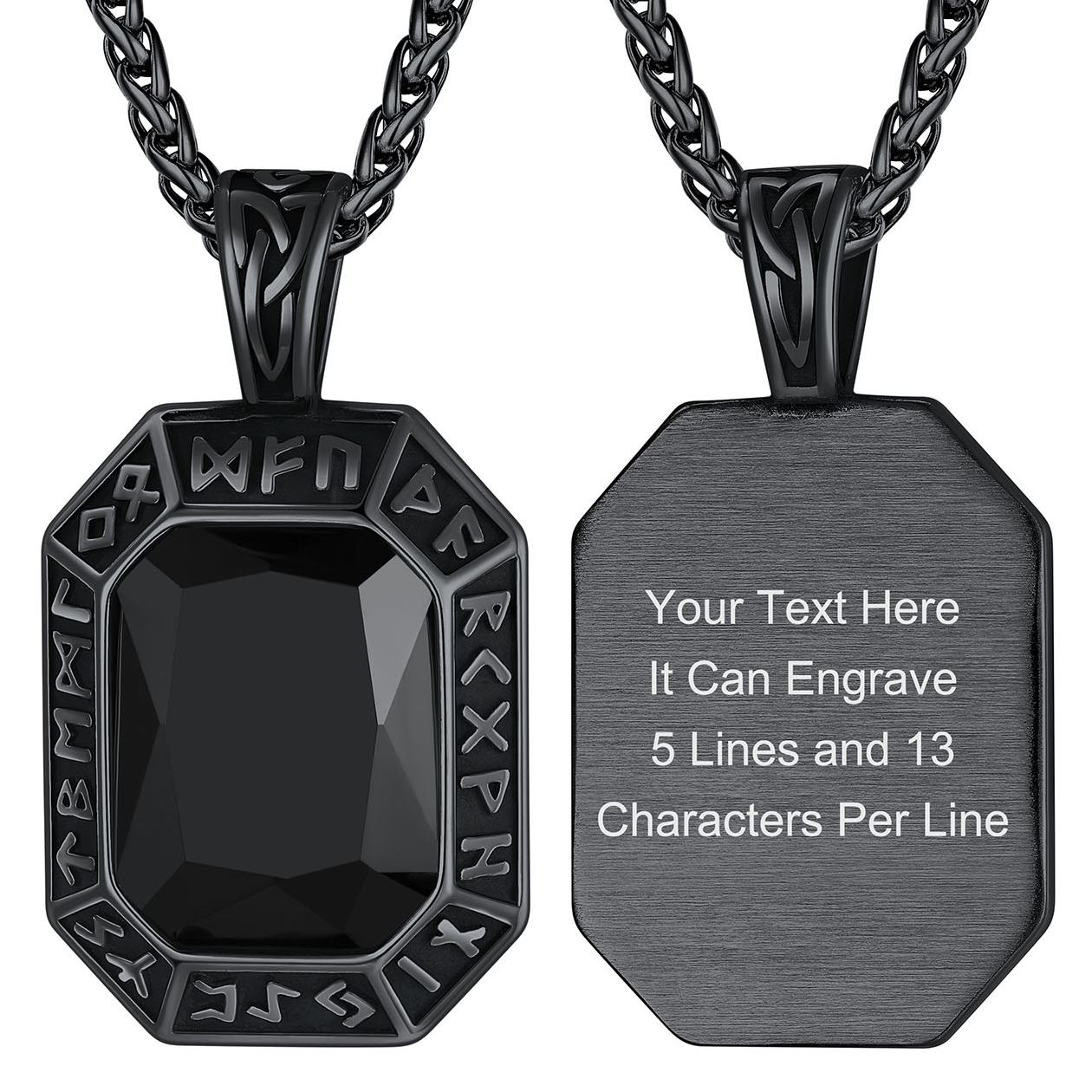 Engraved Crystal Dog Tag Necklace with Viking Runes For Men