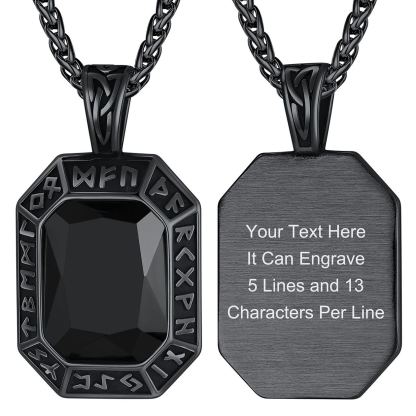 Engraved Crystal Dog Tag Necklace with Viking Runes For Men