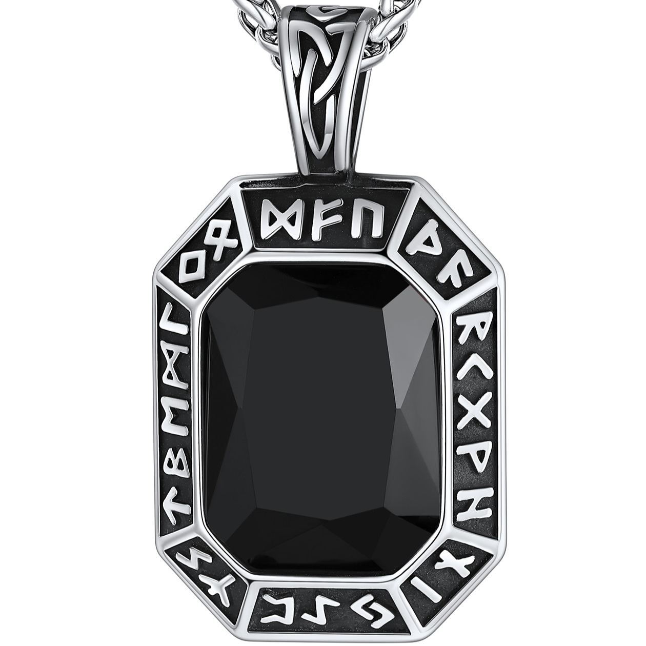 Engraving Viking Rune GEM Pendant Necklace Stainless Steel for Him