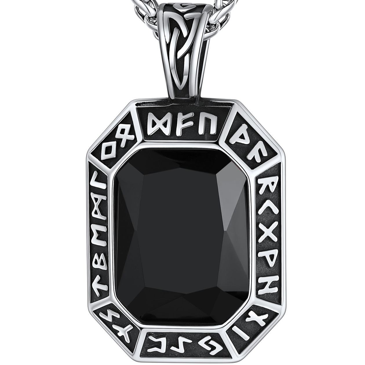 Engraving Viking Rune GEM Pendant Necklace Stainless Steel for Him