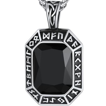 Engraving Viking Rune GEM Pendant Necklace Stainless Steel for Him