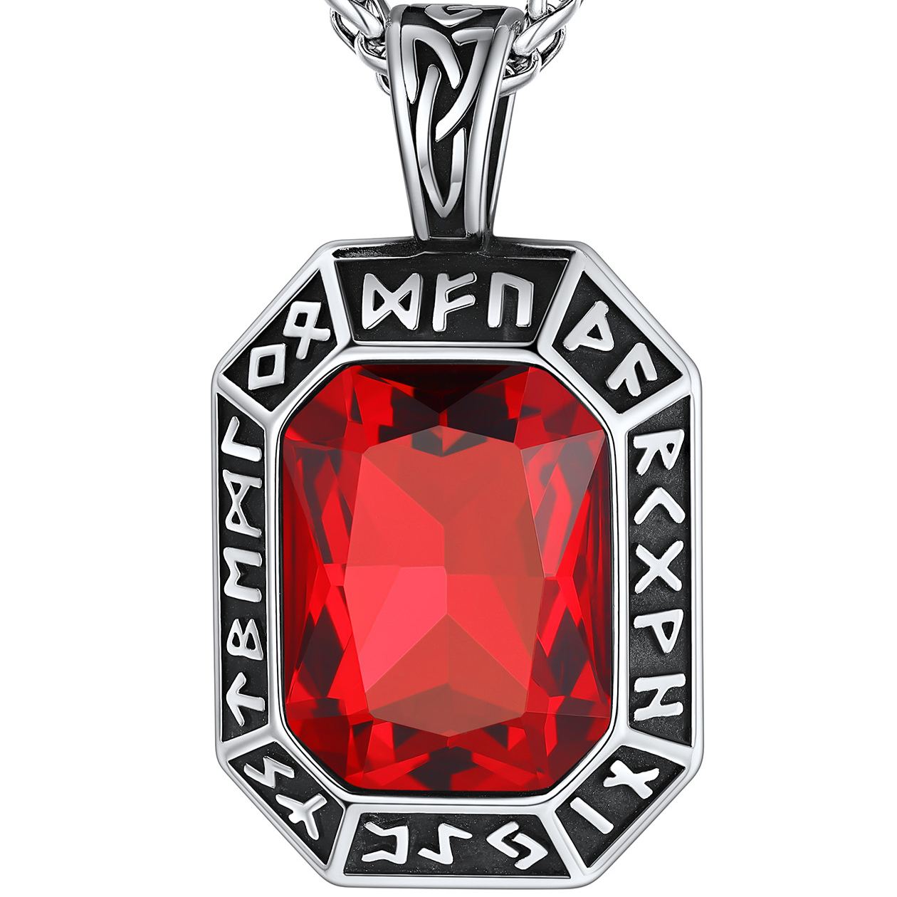 Engraving Viking Rune GEM Pendant Necklace Stainless Steel for Him
