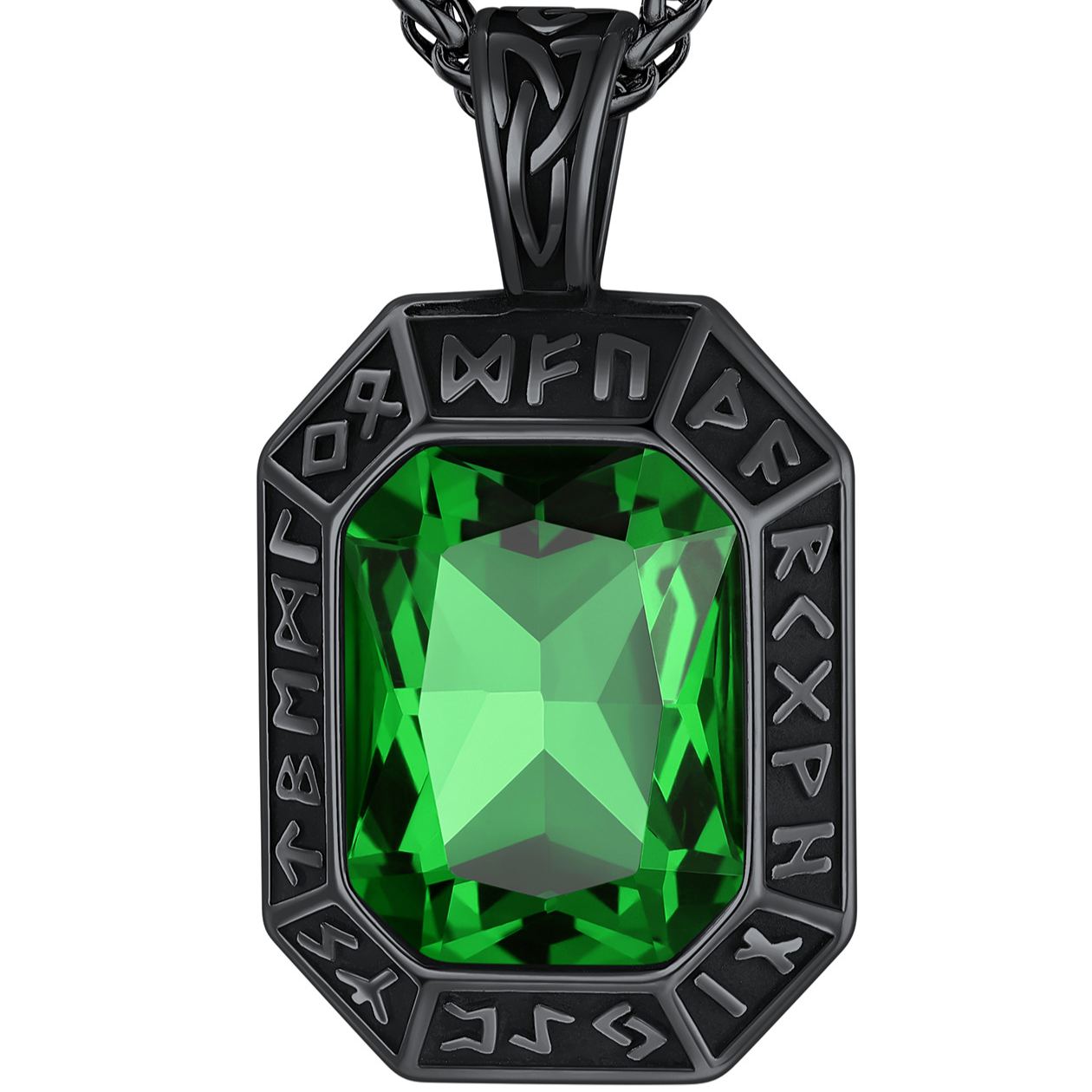 Engraving Viking Rune GEM Pendant Necklace Stainless Steel for Him