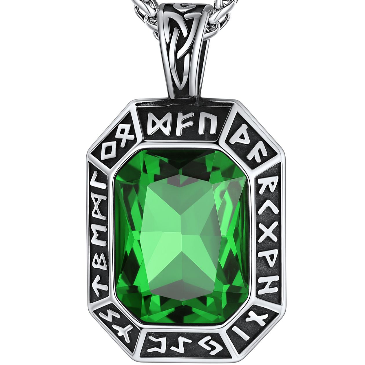 Engraving Viking Rune GEM Pendant Necklace Stainless Steel for Him