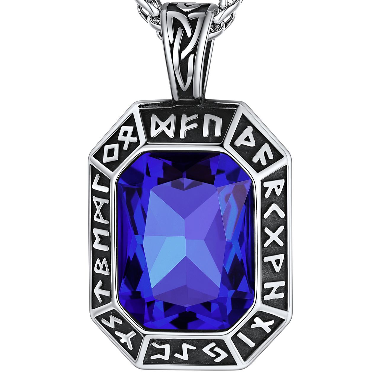 Engraving Viking Rune GEM Pendant Necklace Stainless Steel for Him