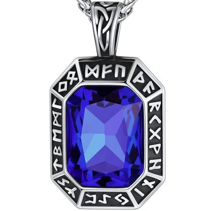 Engraving Viking Rune GEM Pendant Necklace Stainless Steel for Him