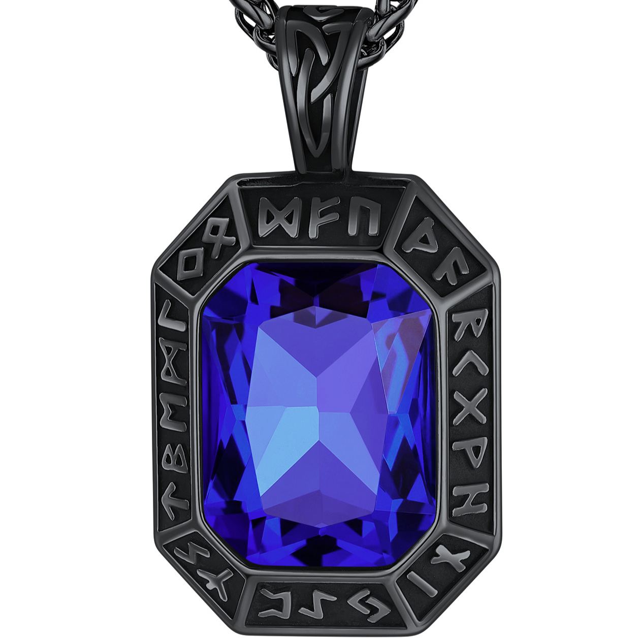 Engraving Viking Rune GEM Pendant Necklace Stainless Steel for Him