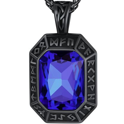 Engraving Viking Rune GEM Pendant Necklace Stainless Steel for Him