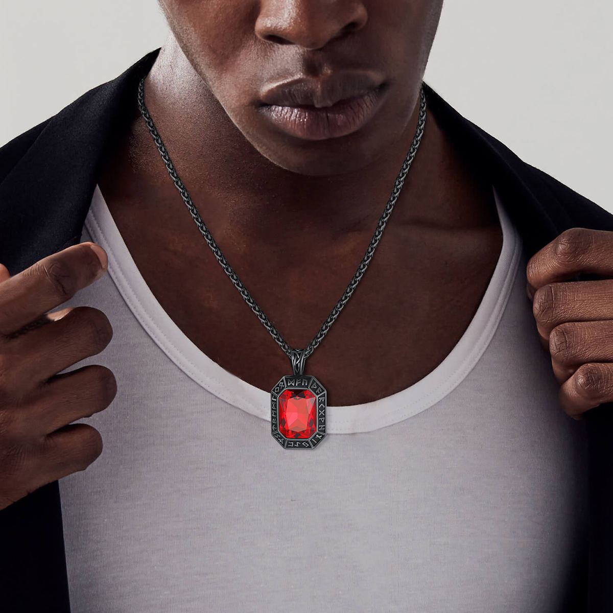Engraved Gemstone Dog Tag Necklace with Viking Runes For Men chainshouse