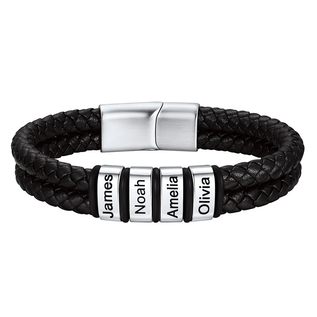 Engraved Stainless Steel Beaded Black Leather Bracelet For Men