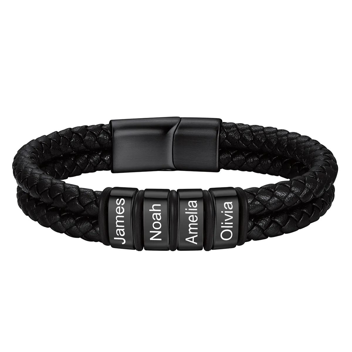 Engraved Stainless Steel Beaded Black Leather Bracelet For Men
