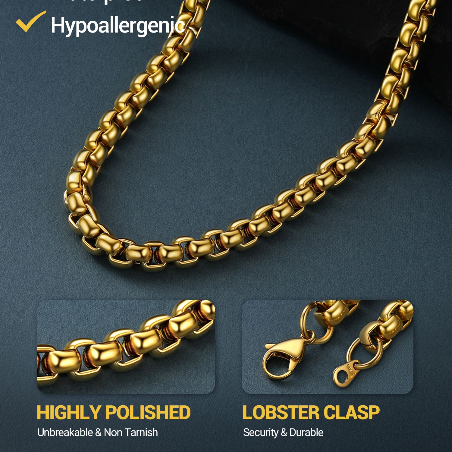 Rolo Box Link Chain Stainless Steel Link Necklace For Men 