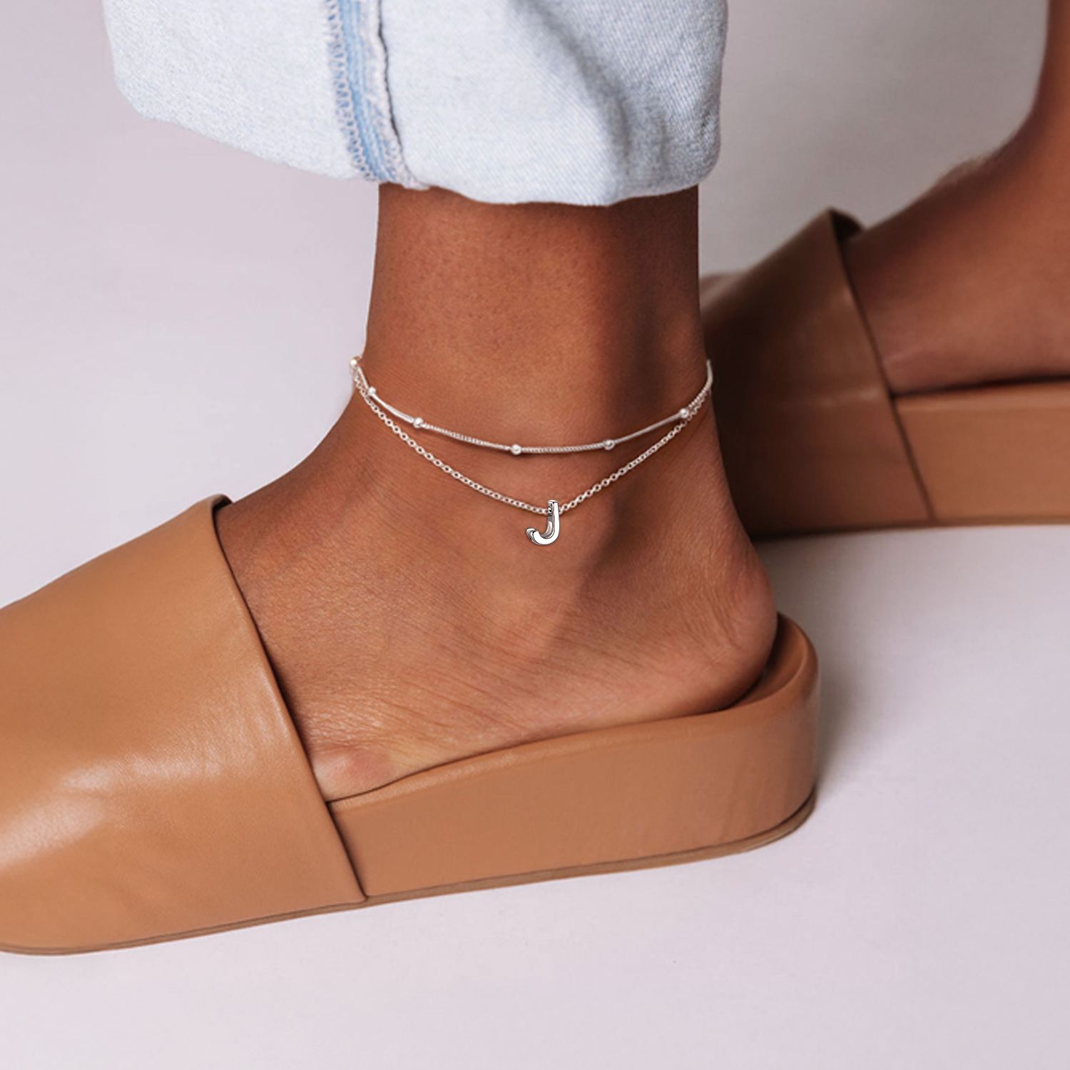Sterling Silver Personalized Initial Layered Anklet for Women