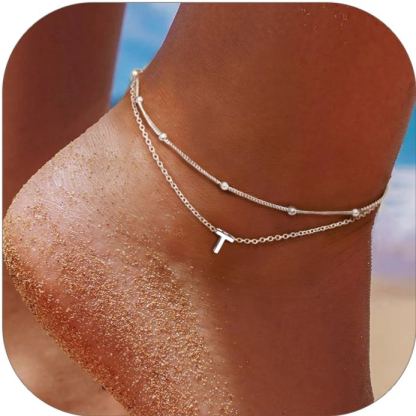Sterling Silver Personalized Initial Layered Anklet for Women