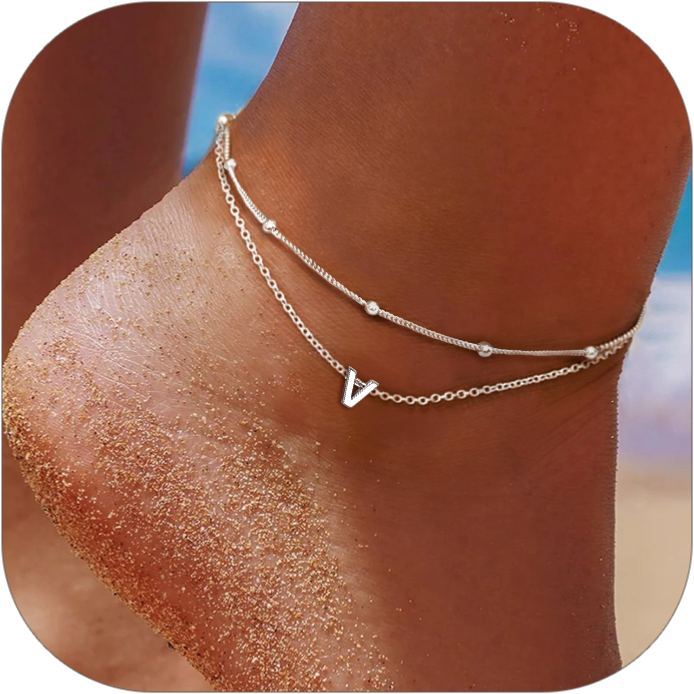 Sterling Silver Personalized Initial Layered Anklet for Women