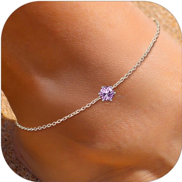 Sterling Silver Round Birthstone Anklet Adjustable for Women