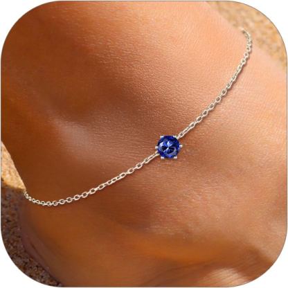 Sterling Silver Round Birthstone Anklet Adjustable for Women