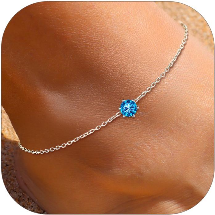 Sterling Silver Round Birthstone Anklet Adjustable for Women