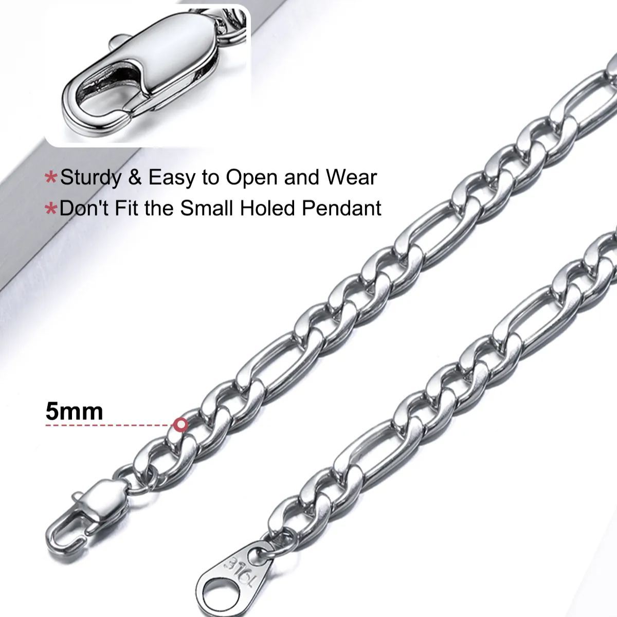 5mm Stainless Steel Figaro Chain Necklace For Men For Women