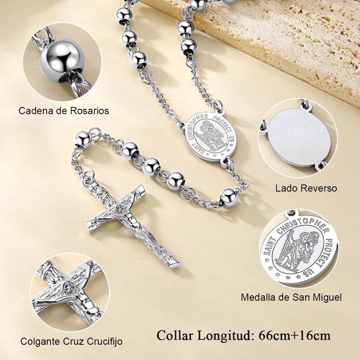 Stainless Steel 6mm Beads Saint Christopher Cross Pendant for Men Women